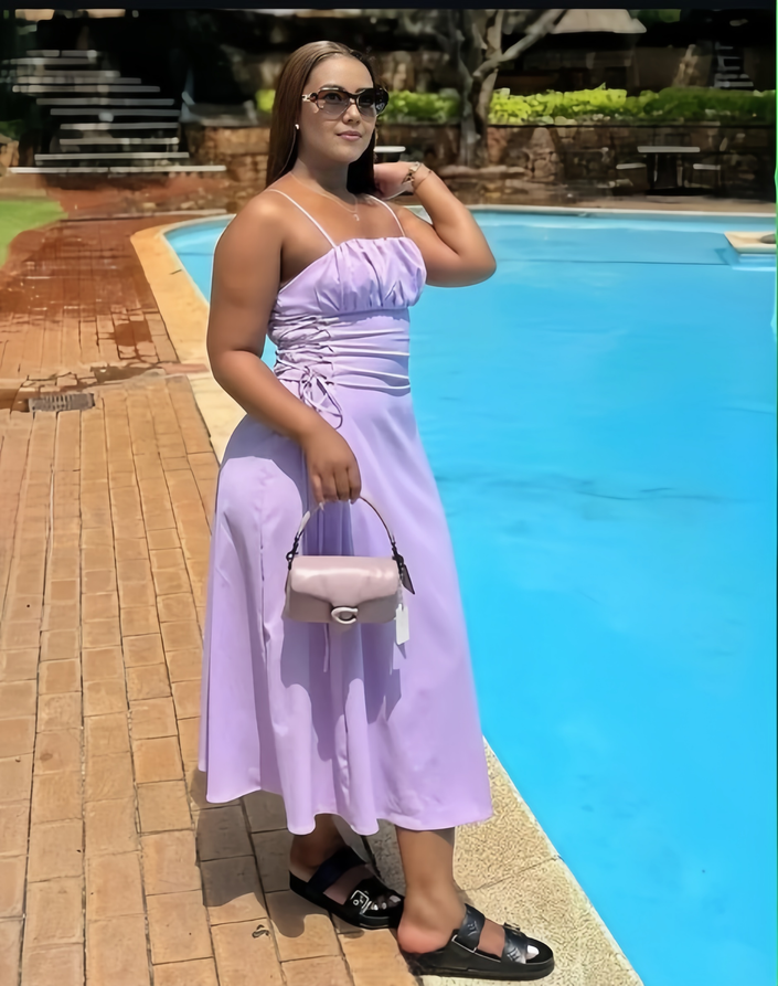 Light-purple midi dress with spaghetti straps and adjustable drawstring waist ties