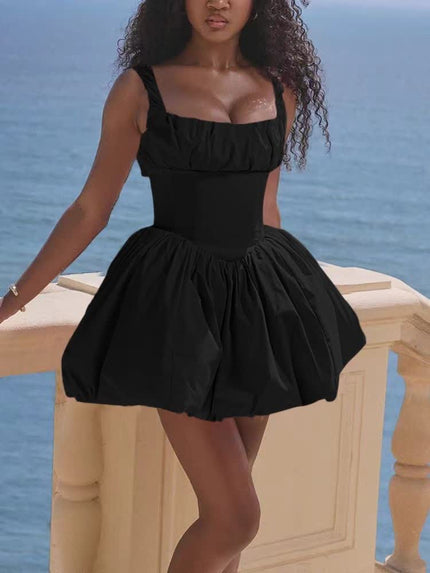 Black mini dress with square neck, ruffle straps, fitted bodice and gathered A-line skirt