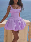 Light purple mini dress with square neck, ruffle straps, gathered A-line skirt