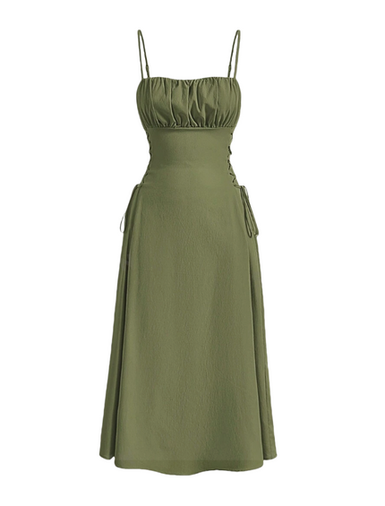 Olive midi dress with spaghetti straps, ruched bodice, and adjustable side drawstring waist