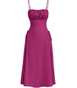 Purple midi dress with spaghetti straps, ruched top, and adjustable side drawstring ties
