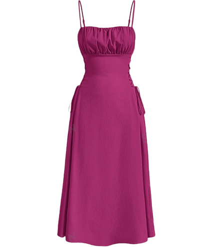 Purple midi dress with spaghetti straps, ruched top, and adjustable side drawstring ties
