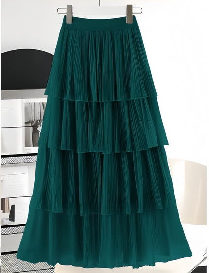 Dark green layered pleated skirt with elastic waistband and tiered ruffles