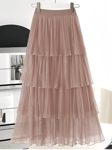 Peach layered pleated skirt with elastic waistband and tiered ruffles