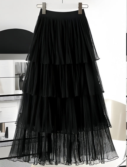 Black layered pleated skirt with elastic waistband and tiered ruffles