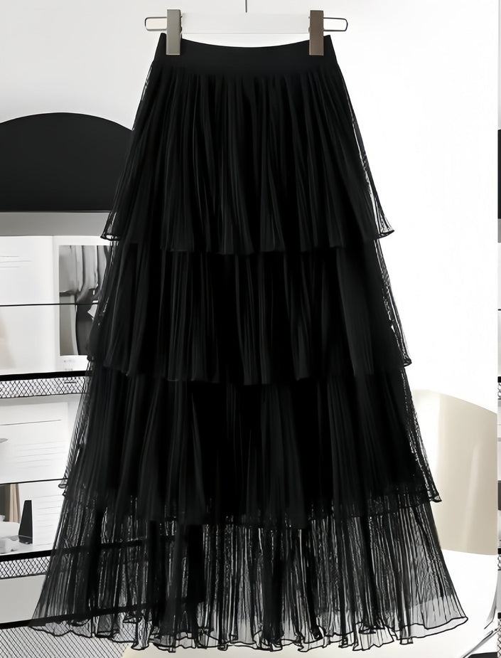Black layered pleated skirt with elastic waistband and tiered ruffles