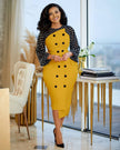 Polka dot midi dress with button detail, black dots on yellow with sheer sleeves