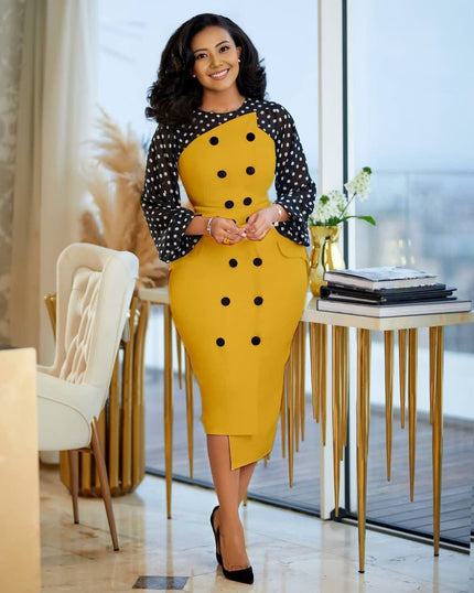 Polka dot midi dress with button detail, black dots on yellow with sheer sleeves