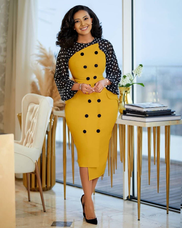 Polka dot midi dress with button detail, black dots on yellow with sheer sleeves