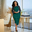 Polka dot midi dress with button detail, black dots on dark green with sheer sleeves