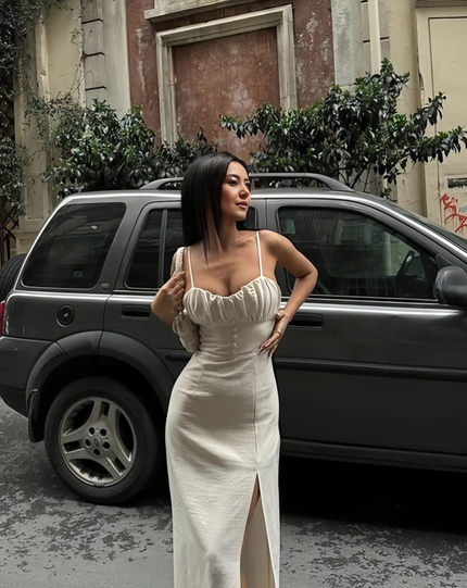 Ruched bodice midi dress in beige with spaghetti straps and side slit