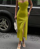 Ruched Bodice Sleeveless Midi Dress with Thigh-High Slit