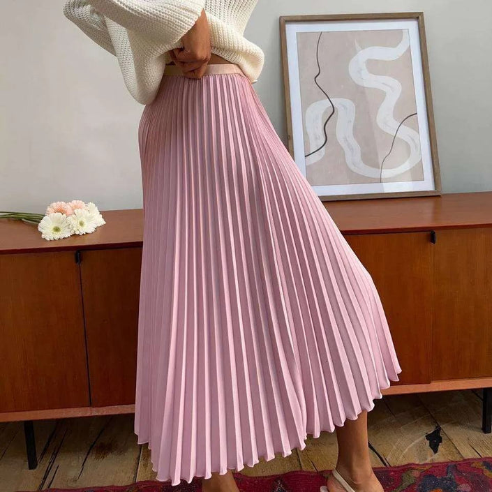 Dusty-pink pleated midi A-line skirt with high waist