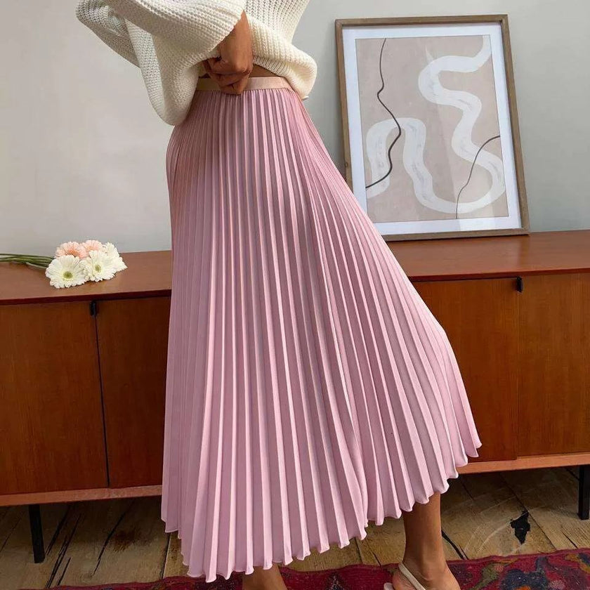 Dusty-pink pleated midi A-line skirt with high waist