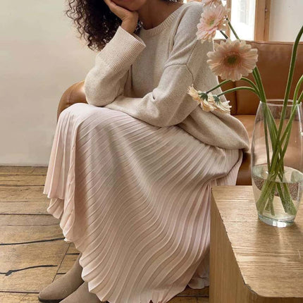Beige pleated midi A-line skirt with high waist