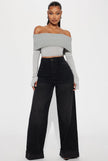 High-waist wide-leg jeans with cuff detail, black denim