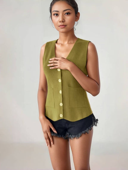 Sleeveless V-neck button-front vest top, olive with patch pockets