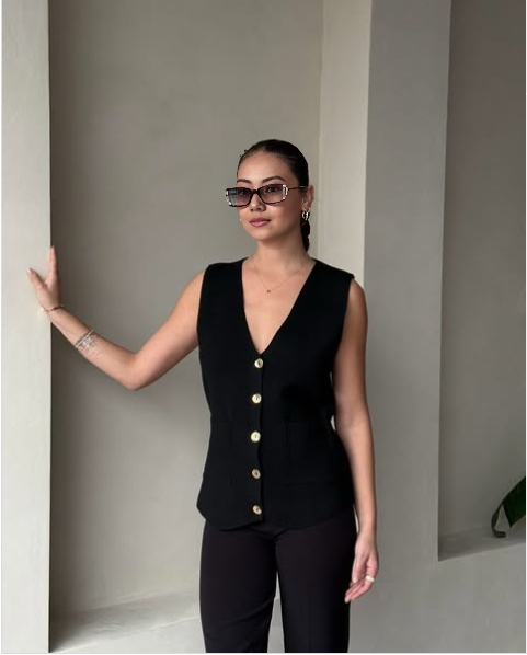 Sleeveless VNeck Vest Top  Button Detail