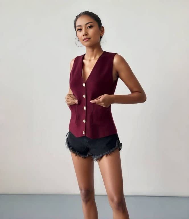 Sleeveless V-neck button-front vest top, maroon with patch pockets