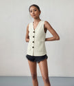 Sleeveless V-neck button-front vest top, cream with patch pockets