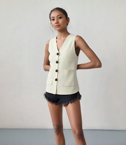 Sleeveless V-neck button-front vest top, cream with patch pockets