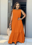 Orange sleeveless maxi dress with ruffle hem and tiered gathered skirt