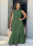Olive sleeveless maxi dress with ruffle hem and gathered skirt