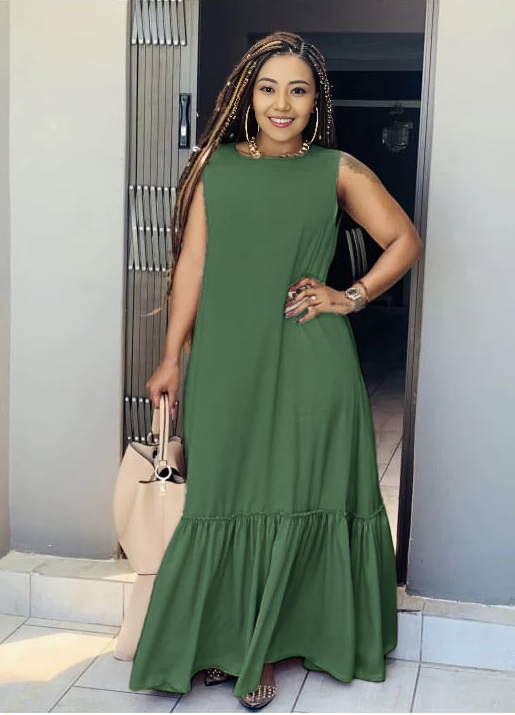 Olive sleeveless maxi dress with ruffle hem and gathered skirt