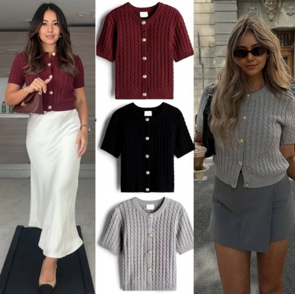 Maroon short-sleeve knit cardigan top with round neckline and button front