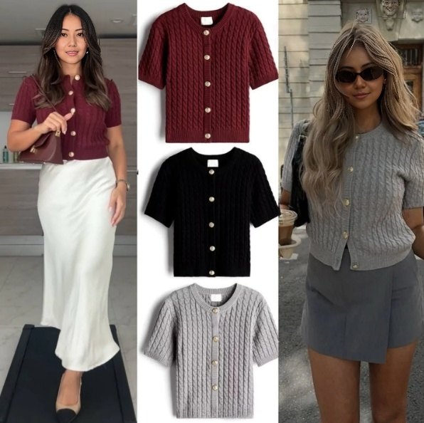 Maroon short-sleeve knit cardigan top with round neckline and button front