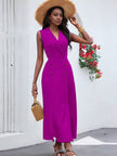 Magenta sleeveless midi dress, V-neck double-breasted with gold buttons and fitted waist