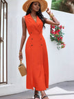 Women's Sleeveless V-Neck Double-Breasted Midi Dress with Front Buttons