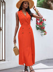 Orange-red sleeveless midi dress, V-neck double-breasted with gold buttons and fitted waist