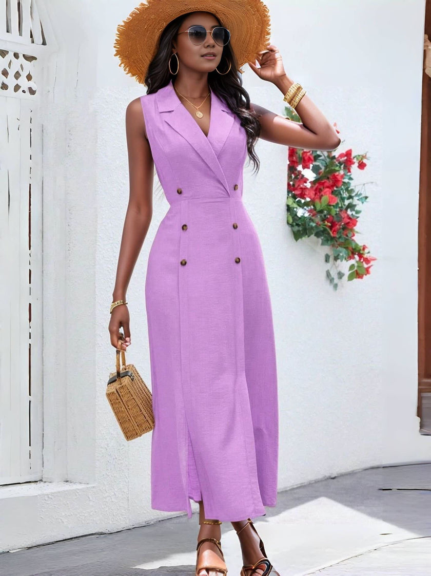 Women's Sleeveless V-Neck Double-Breasted Midi Dress with Front Buttons
