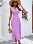 Light-purple sleeveless midi dress, V-neck double-breasted with gold buttons and fitted waist