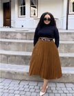 Pleated midi skirt in brown with elastic waistband and side belt