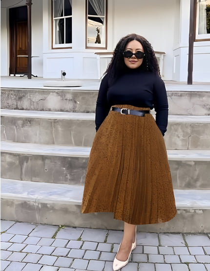 Pleated midi skirt in brown with elastic waistband and side belt