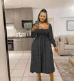 Black polka-dot smocked midi dress, puff sleeves, square neckline