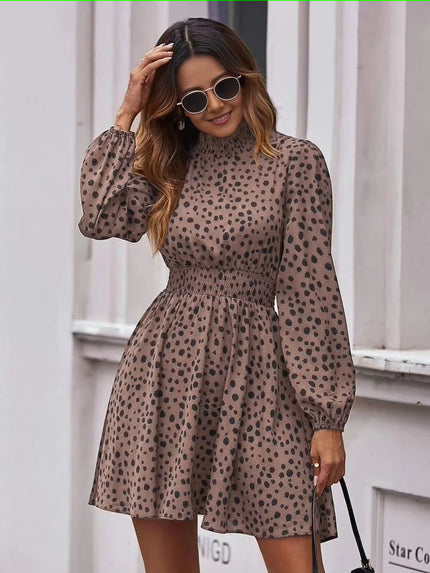 Dotted Knee-Length Dress Long Sleeve Button Accent Chic