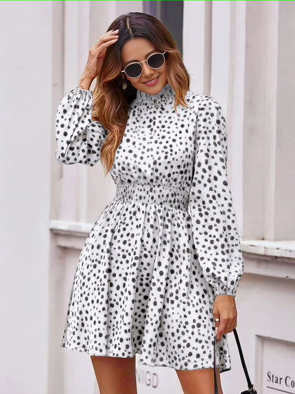 Dotted Knee-Length Dress Long Sleeve Button Accent Chic