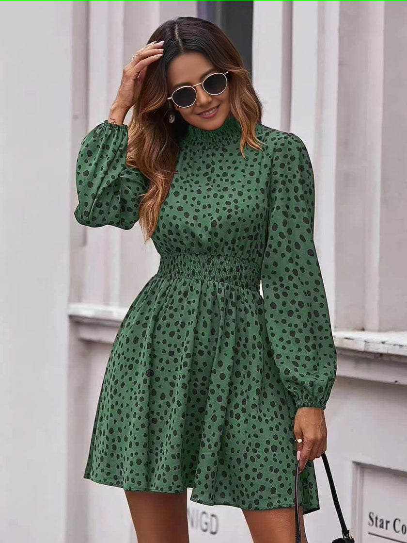 Dotted Long-Sleeve Knee-Length Dress with Fitted Silhouette and Button Accents