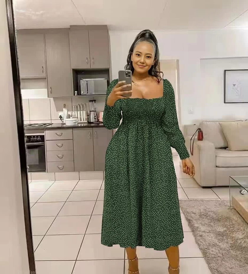 Green polka-dot smocked midi dress, puff sleeves, square neckline