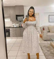 White polka-dot smocked midi dress, puff sleeves, square neckline