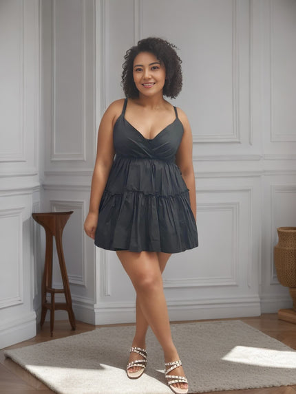 Black mini ruffle V-neck dress with gathered bodice and tiered skirt