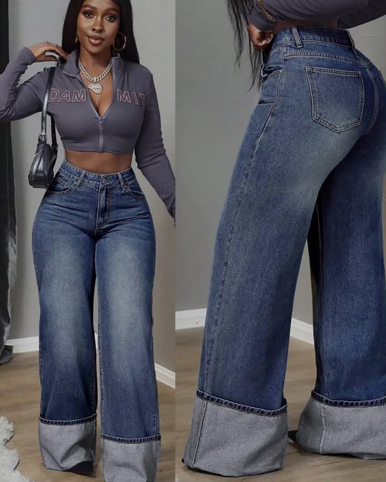 Light wash high-waist wide-leg jeans with cuffed hems and pockets