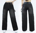 High-waist wide-leg jeans with side strap detail, dark wash, full-length.