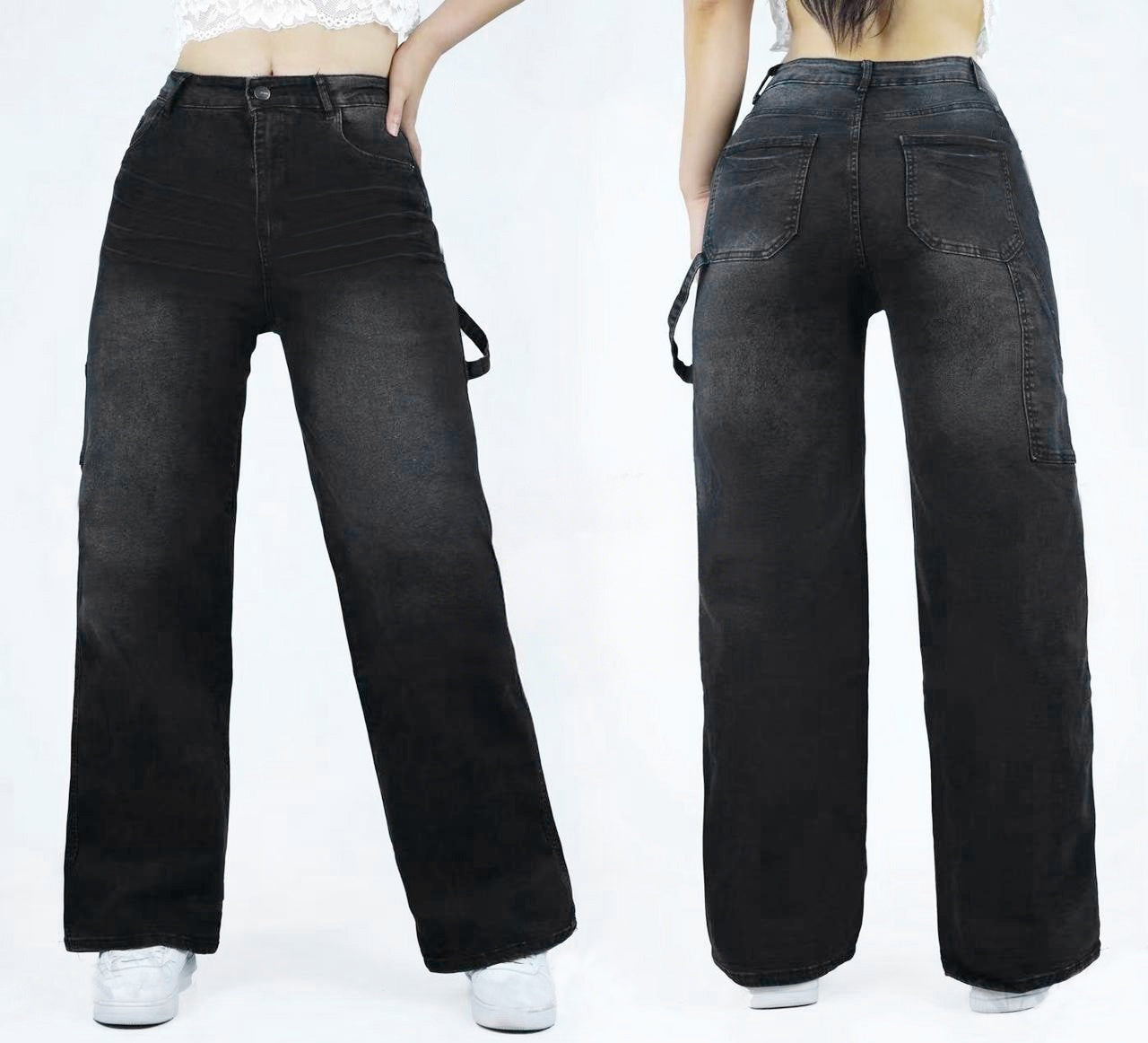 High-waist wide-leg jeans with side strap detail, dark wash, full-length.