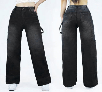 High-waist wide-leg jeans with side strap detail, dark wash, full-length.
