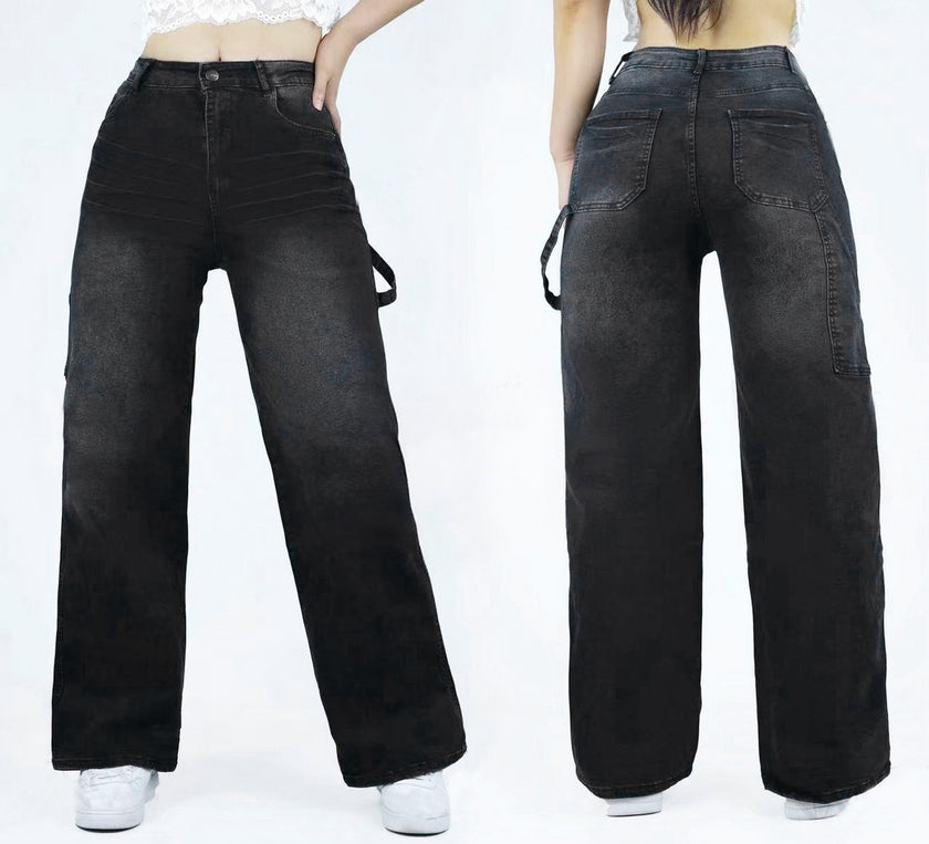High-waist wide-leg jeans with side strap detail, dark wash, full-length.