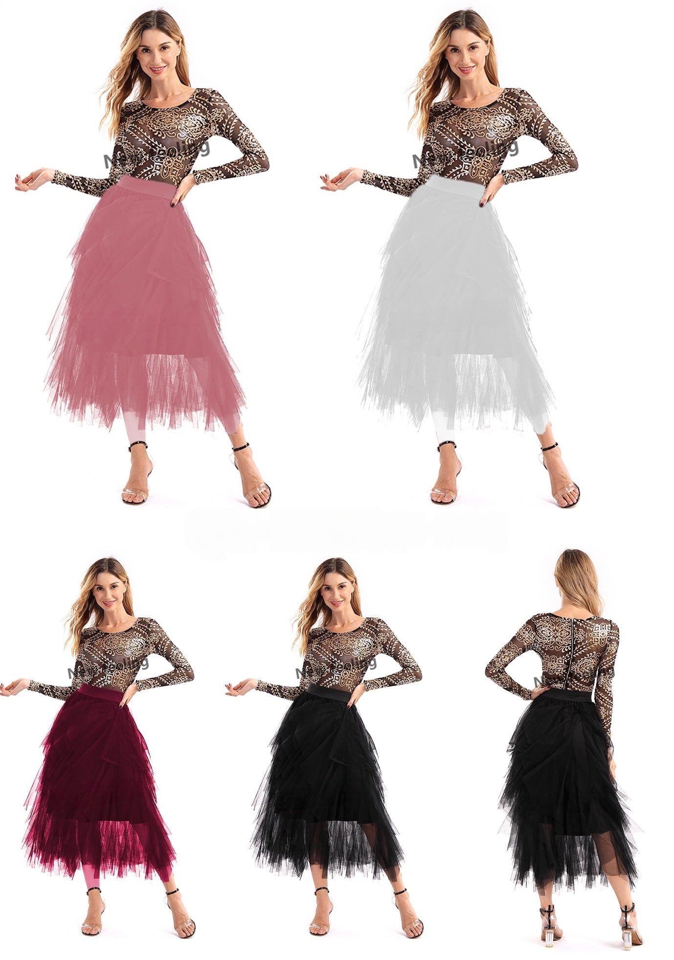 Layered tulle midi skirt on model; high waist in blush pink, white, maroon, black